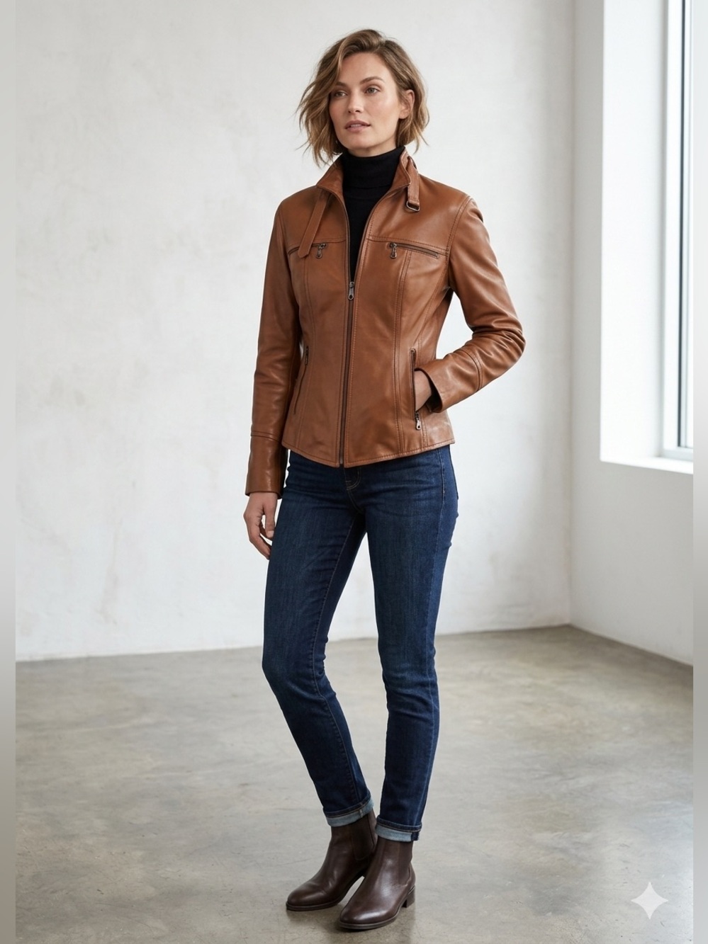 Fitted Leather Jacket Chestnut Brown Medium